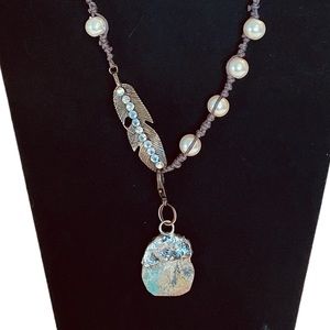 NWOT Raw Turquoise Hammered Metal Leather Wrap Faux Pearl Necklace